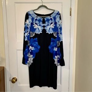 Calvin Klein Blue Pansy Floral Watecolor Flutter Sleeve Black Sheath Dress